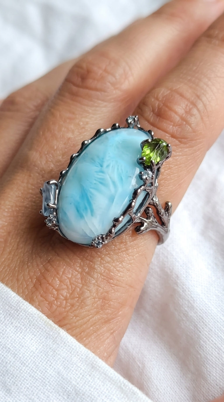 925 silver statement blue larimar ring