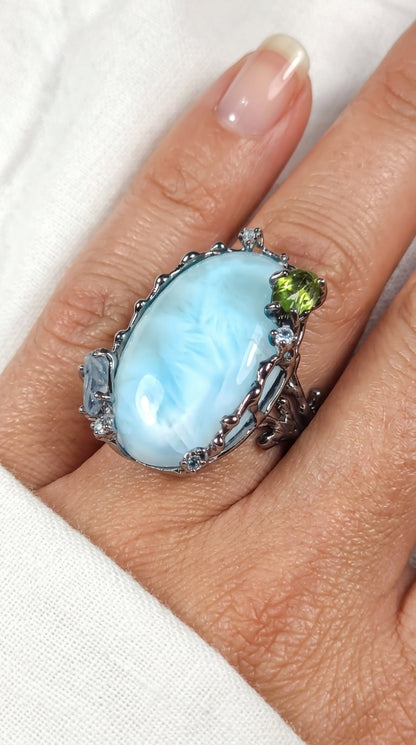 925 silver statement blue larimar ring
