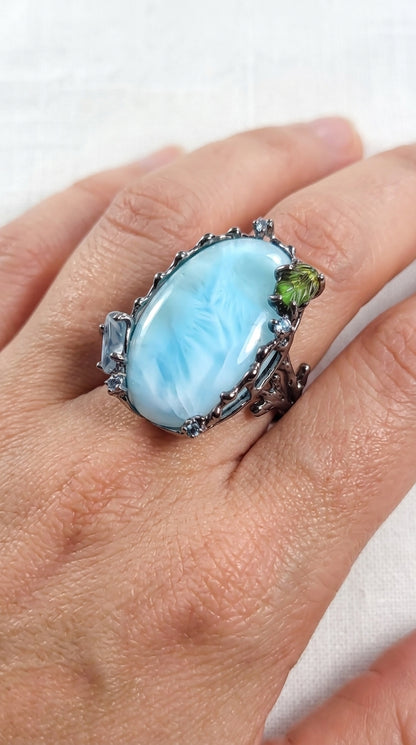 925 silver statement blue larimar ring