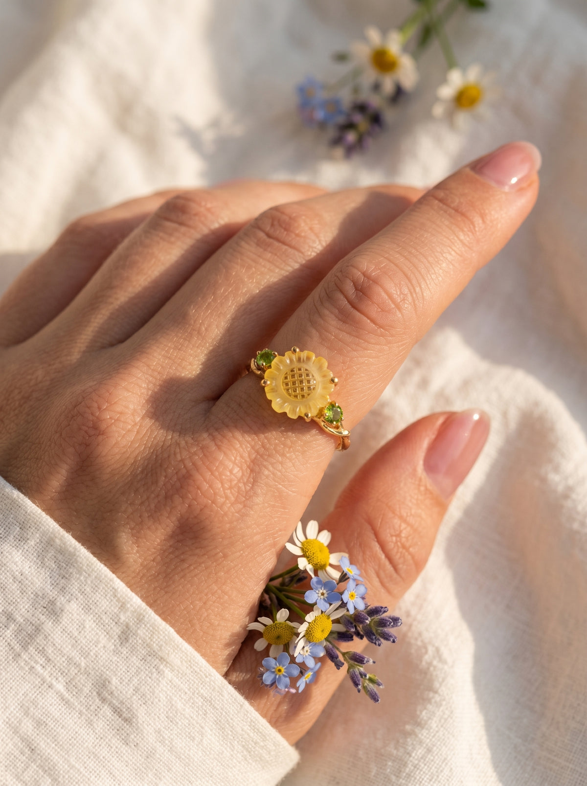 925 silver sunflower quartz ring