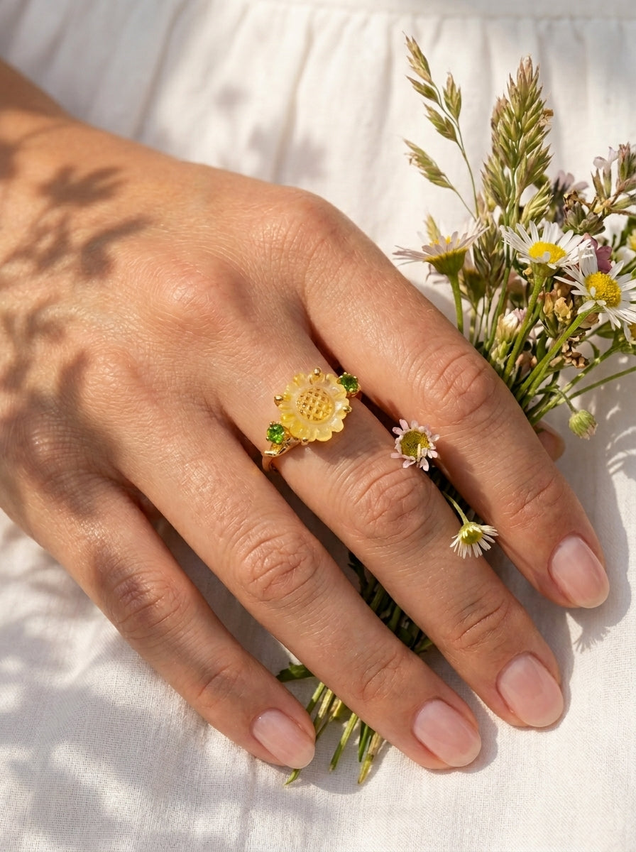 925 silver sunflower quartz ring