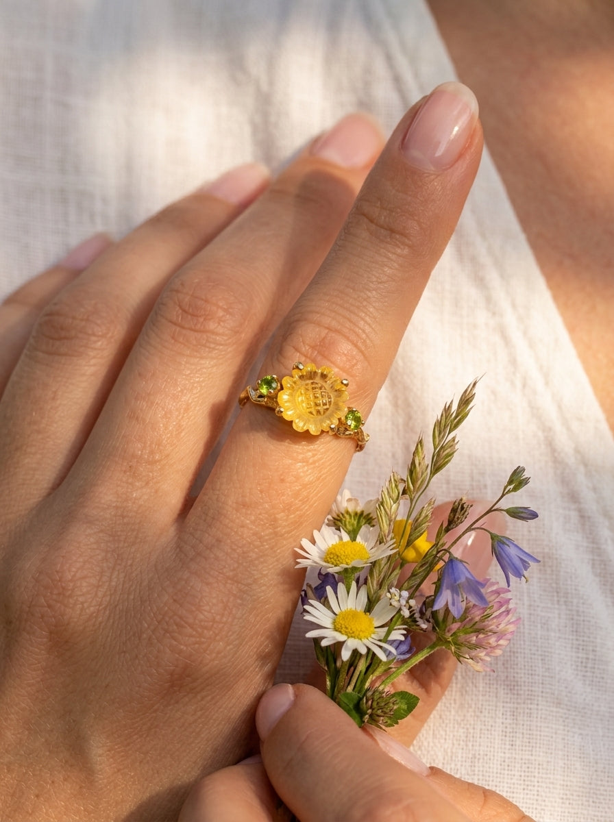 925 silver sunflower quartz ring