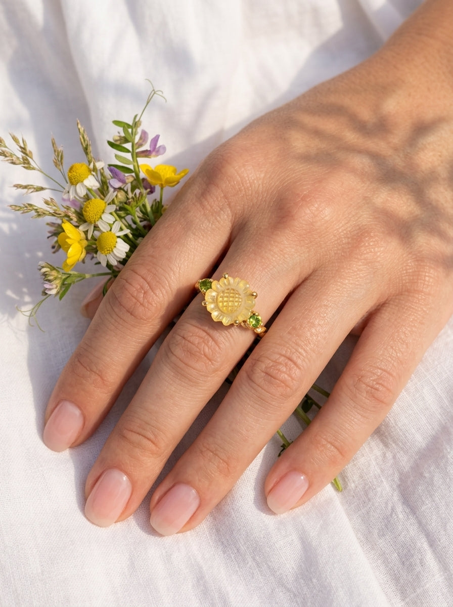 925 silver sunflower quartz ring