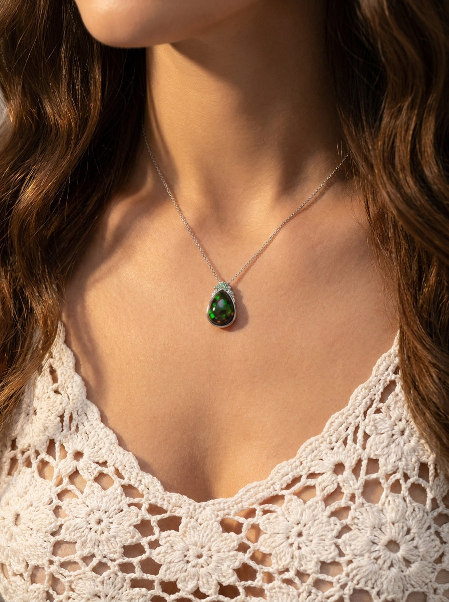 925 silver teardrop black opal necklace