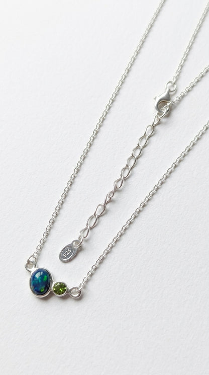 925 sterling silver two stone opal necklace, worn view