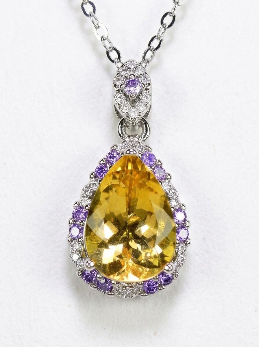 925 silver yellow citrine pear necklace