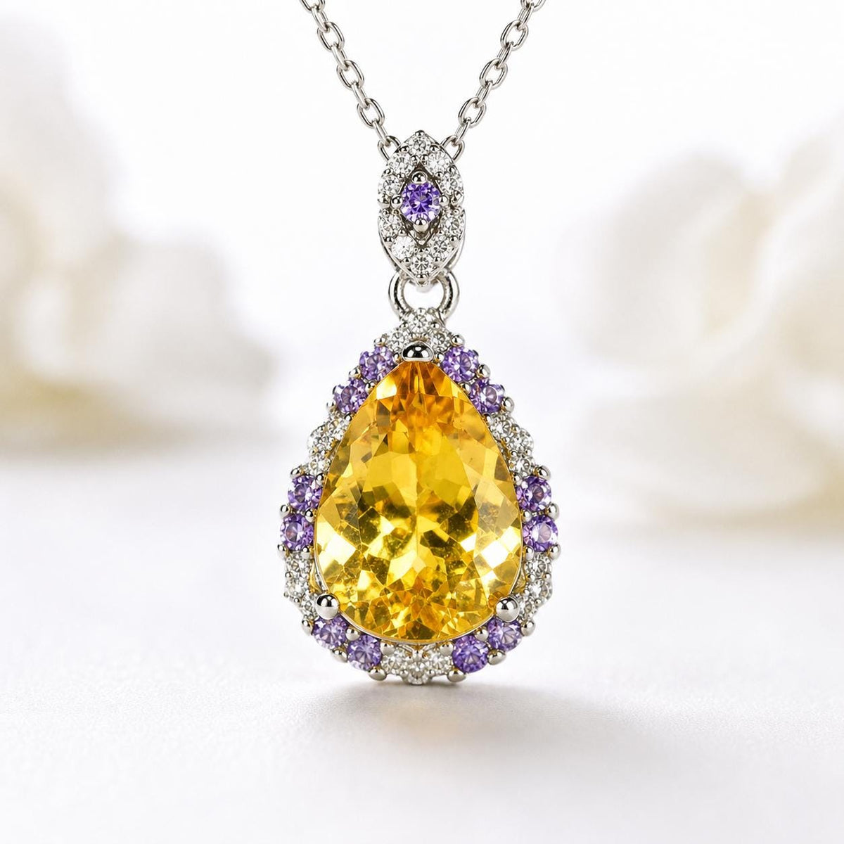 925 silver yellow citrine pear necklace