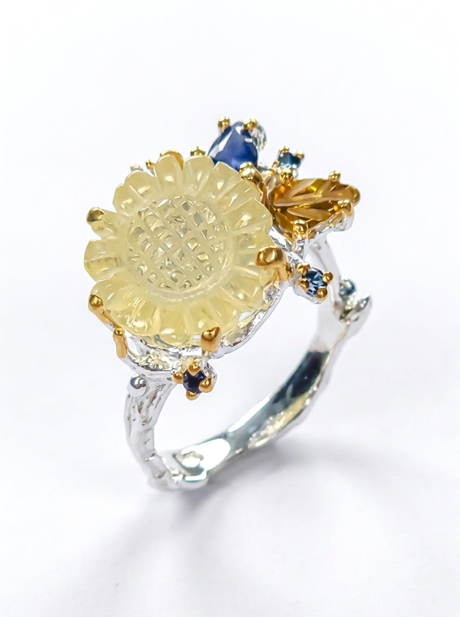 925 silver yellow sunflower quartz ring