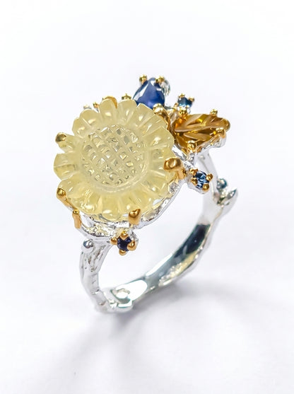 925 silver yellow sunflower quartz ring