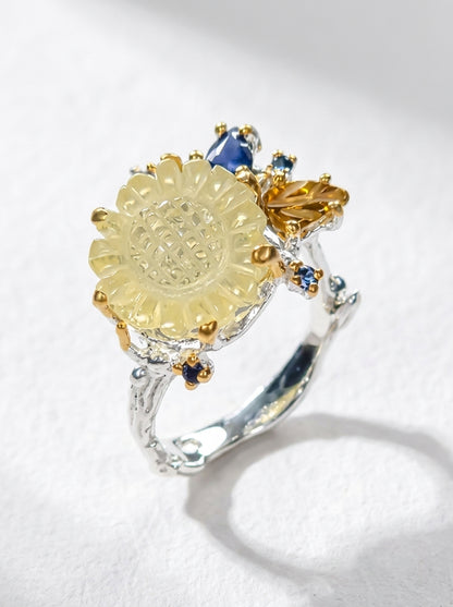 925 silver yellow sunflower quartz ring