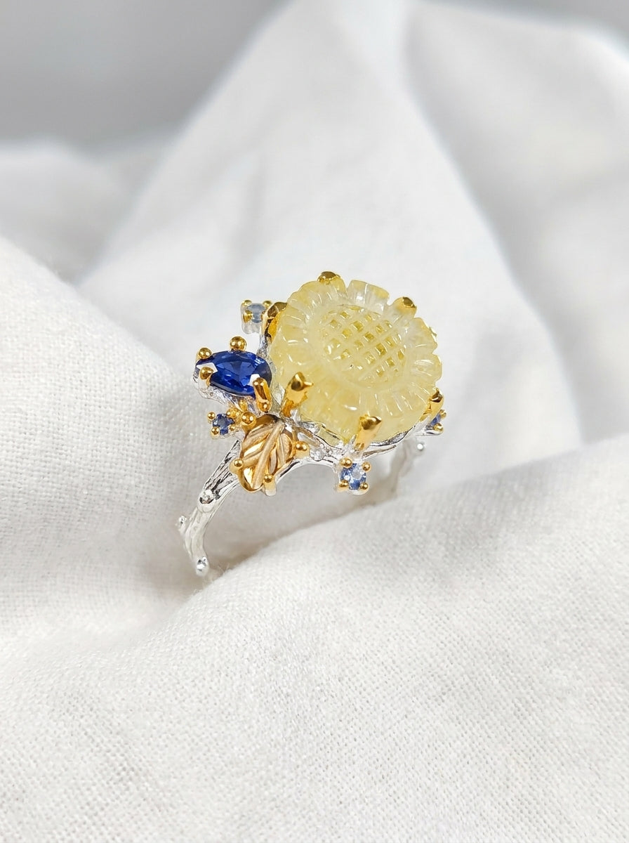925 silver yellow sunflower quartz ring