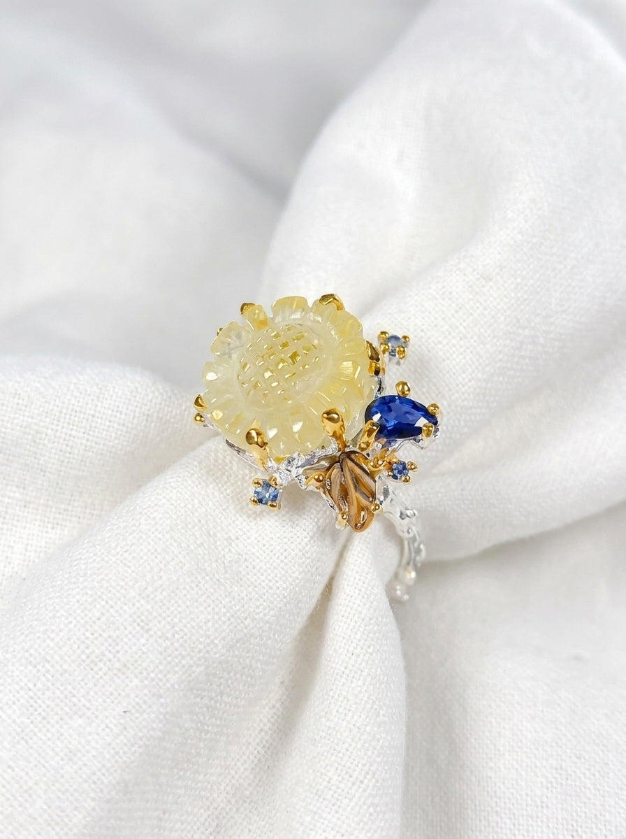 925 silver yellow sunflower quartz ring