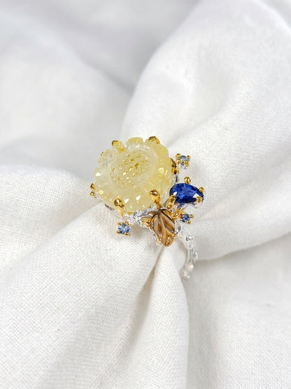 925 silver yellow sunflower quartz ring
