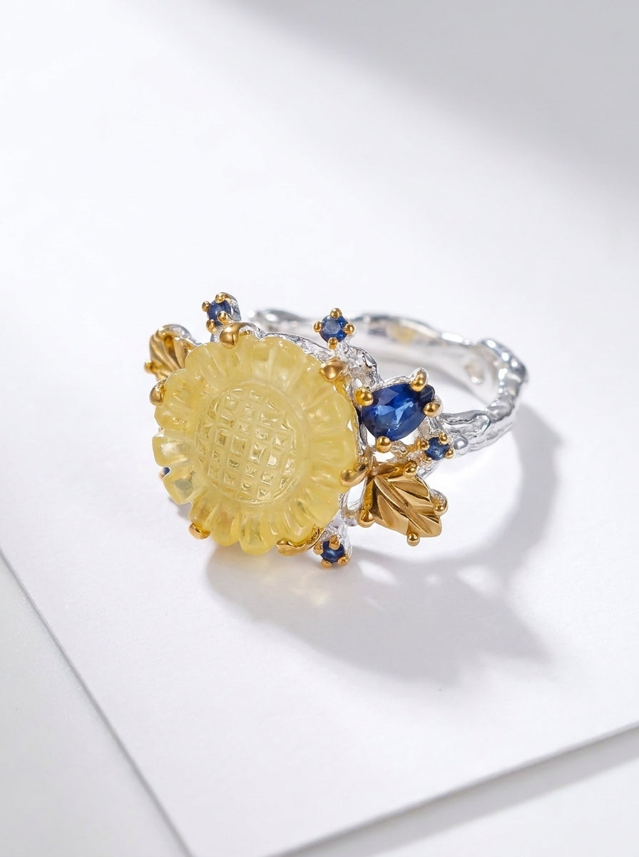 925 silver yellow sunflower quartz ring