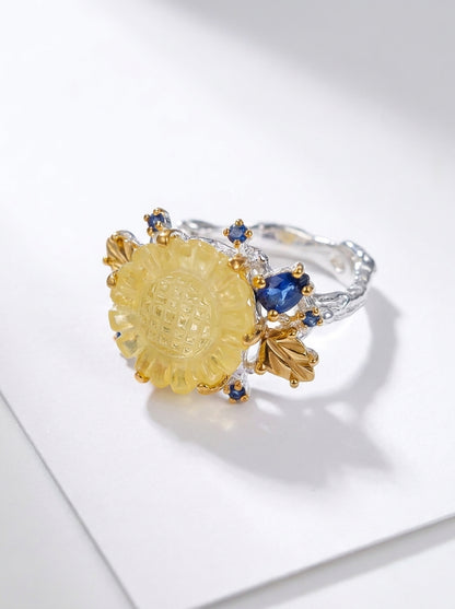 925 silver yellow sunflower quartz ring