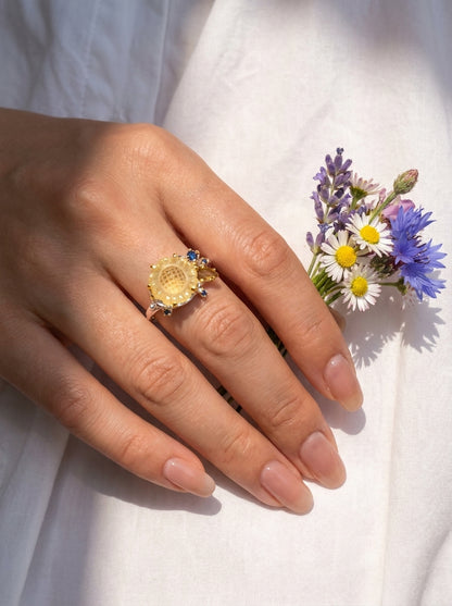 925 silver yellow sunflower quartz ring