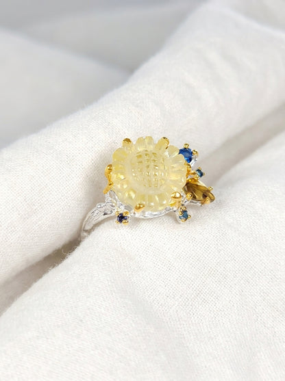 925 silver yellow sunflower quartz ring