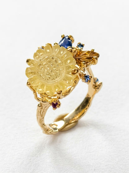 925 silver yellow sunflower quartz ring