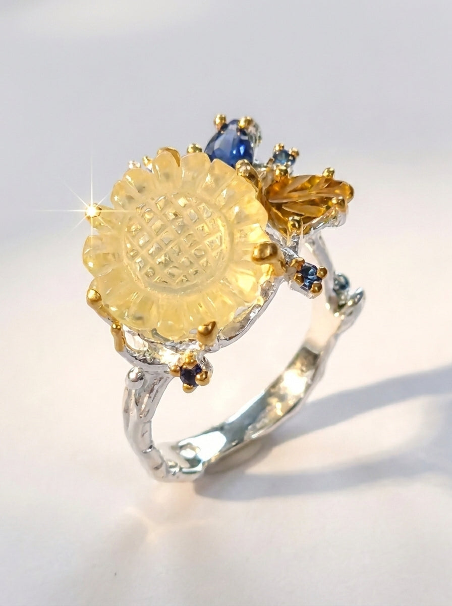 925 silver yellow sunflower quartz ring
