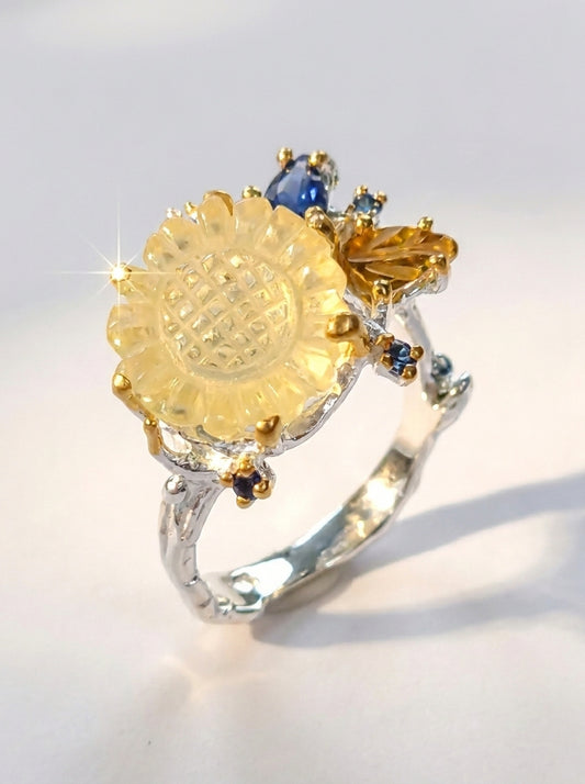 925 silver yellow sunflower quartz ring