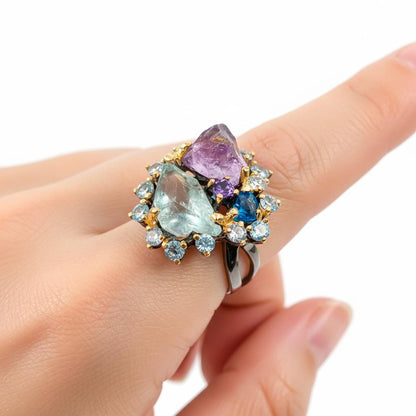 925 Sterling Silver Amethyst Aquamarine Ring, alternate angle