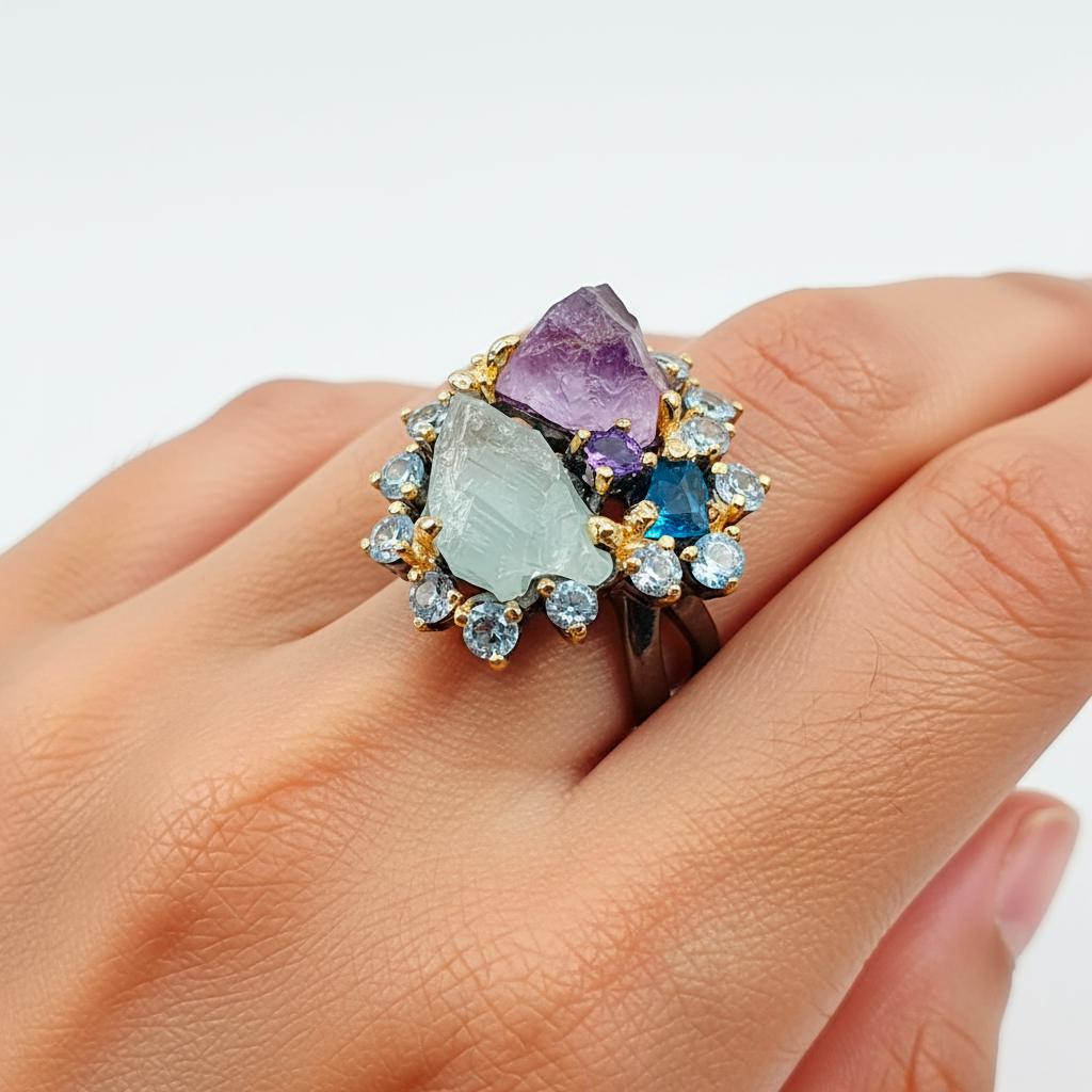 925 Sterling Silver Amethyst Aquamarine Ring, close-up detail