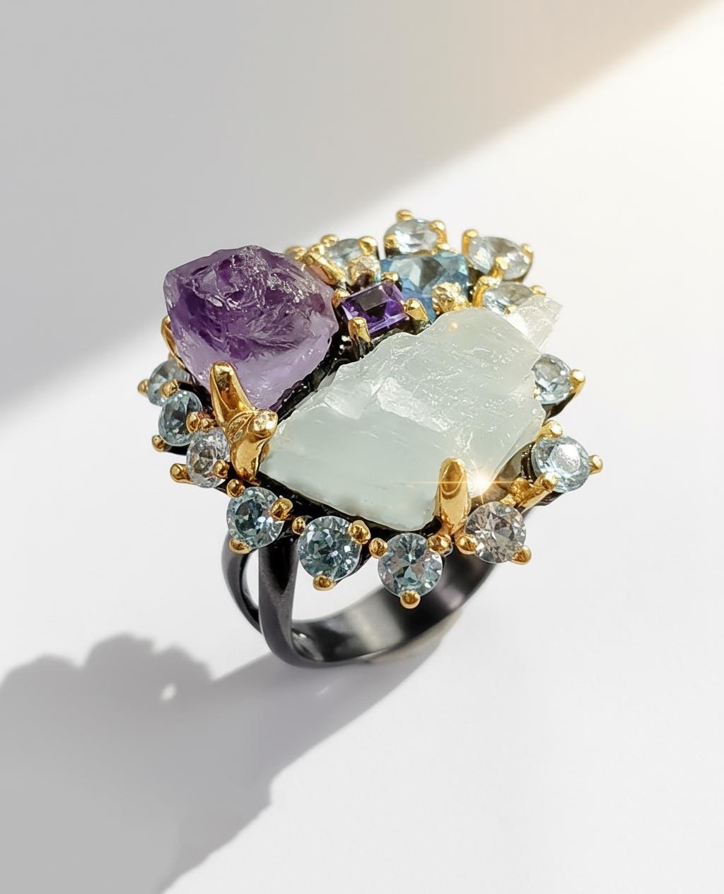 925 Sterling Silver Amethyst Aquamarine Ring, side view