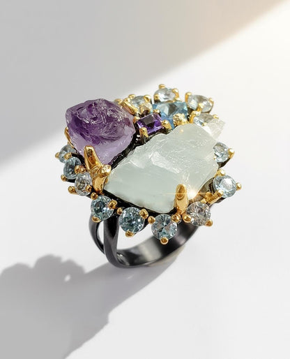 925 Sterling Silver Amethyst Aquamarine Ring, side view