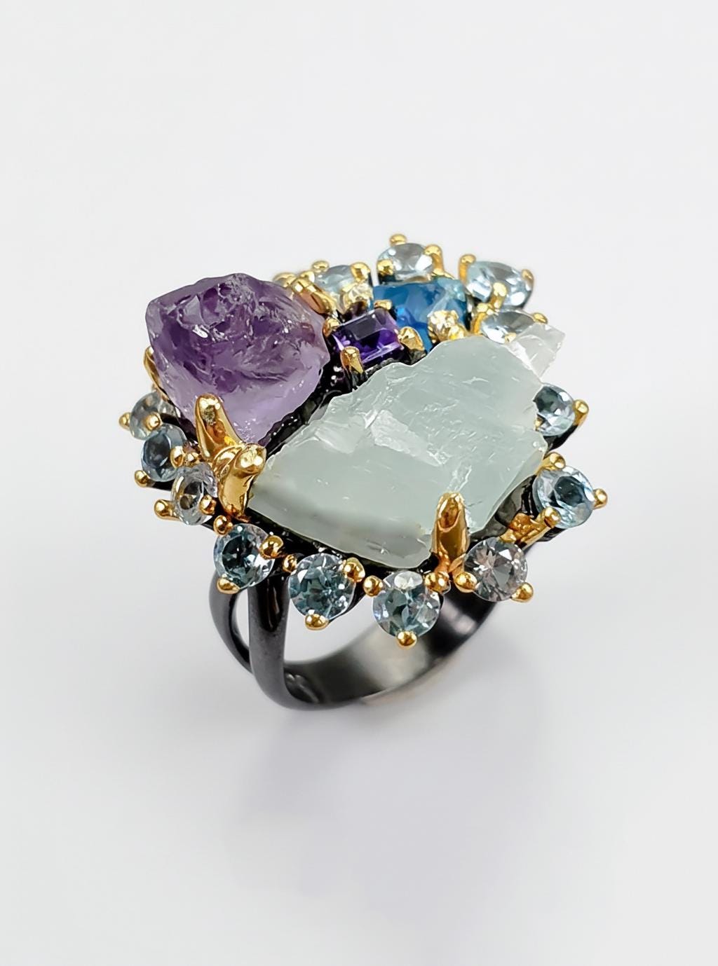 925 Sterling Silver Amethyst Aquamarine Ring, worn on hand