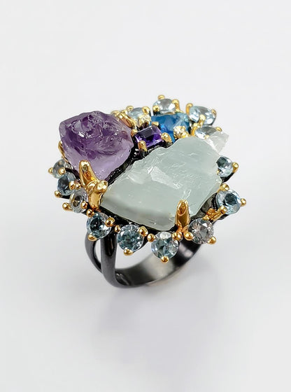 925 Sterling Silver Amethyst Aquamarine Ring, worn on hand