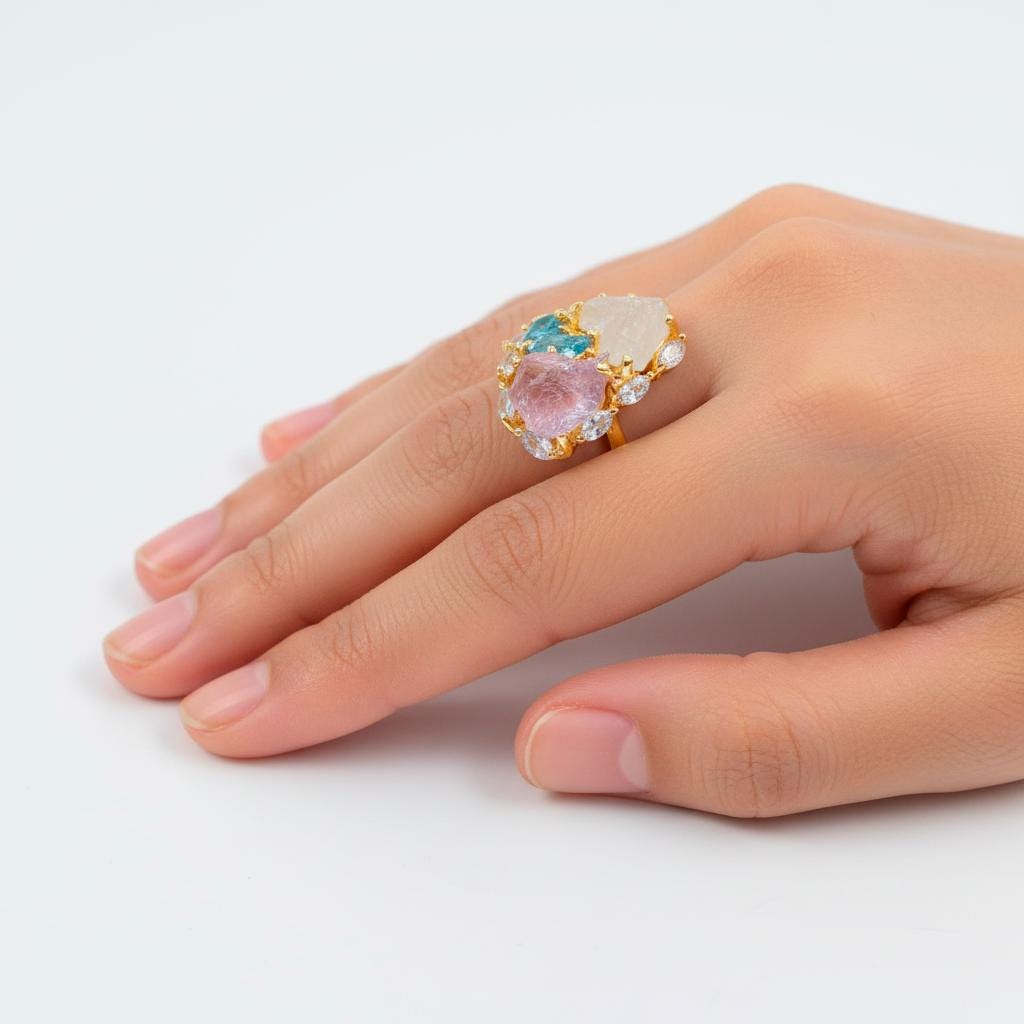 925 Sterling Silver Amethyst Aquamarine Ring, worn on hand