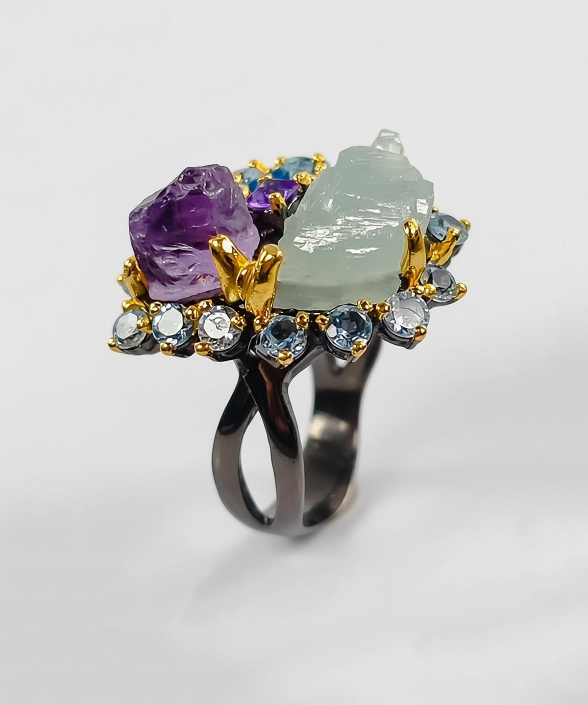 925 Sterling Silver Amethyst Aquamarine Ring, setting detail