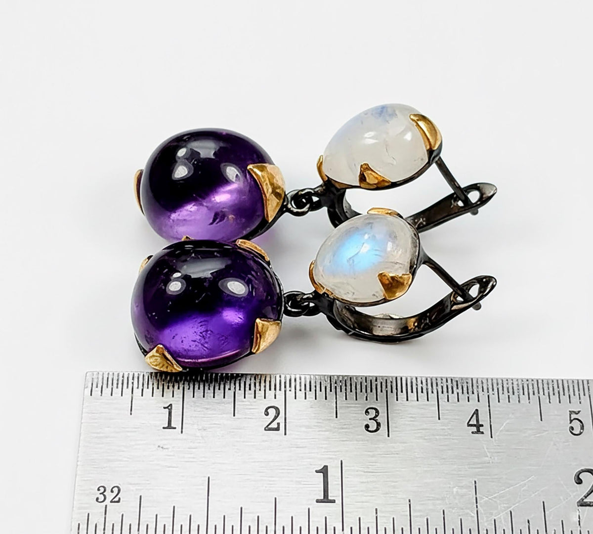 925 Sterling Silver Amethyst Moonstone Earrings, texture close-up