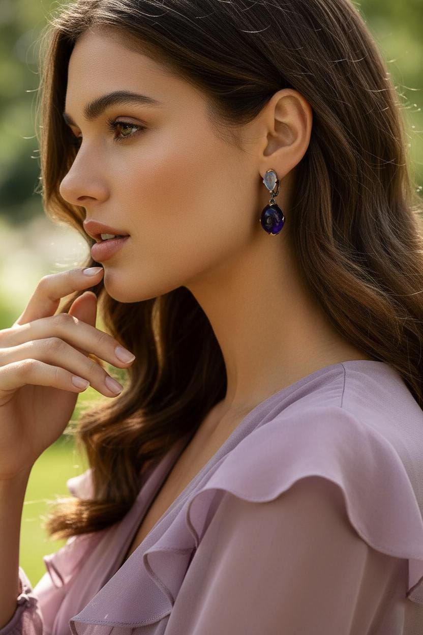 925 Sterling Silver Amethyst Moonstone Earrings, additional angle, image 16