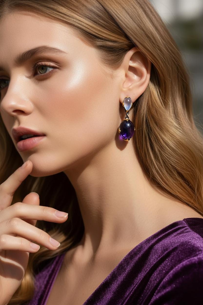 925 Sterling Silver Amethyst Moonstone Earrings, alternate angle