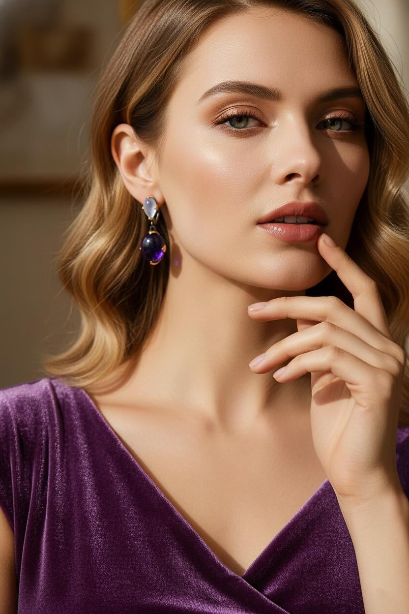 925 Sterling Silver Amethyst Moonstone Earrings, close-up detail