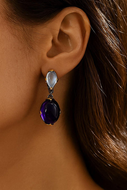 925 Sterling Silver Amethyst Moonstone Earrings, worn view