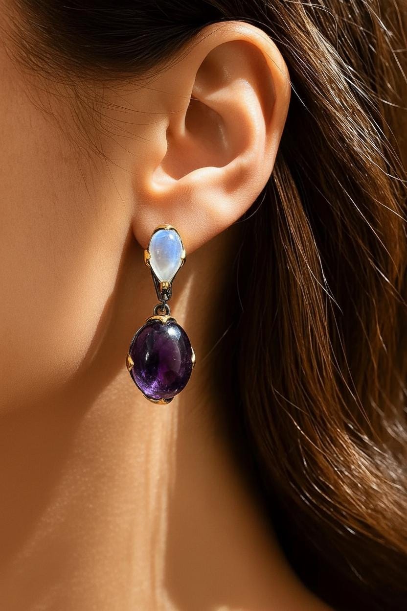 925 Sterling Silver Amethyst Moonstone Earrings, side angle