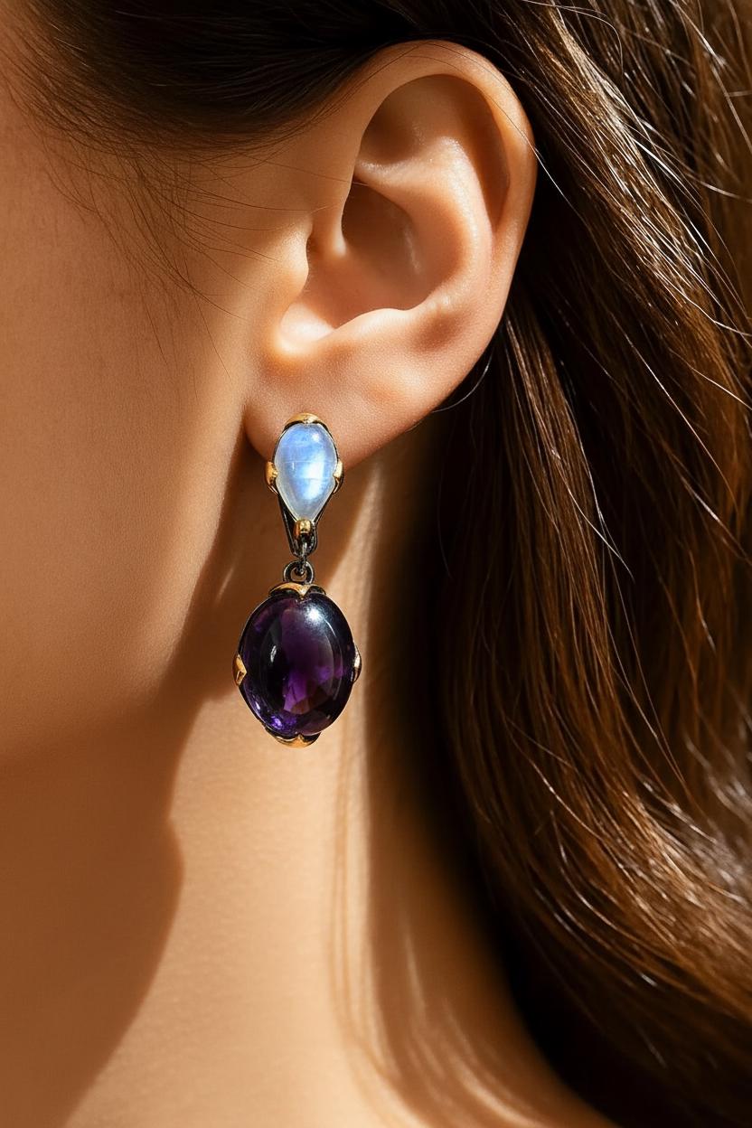 925 Sterling Silver Amethyst Moonstone Earrings, stone or metal detail