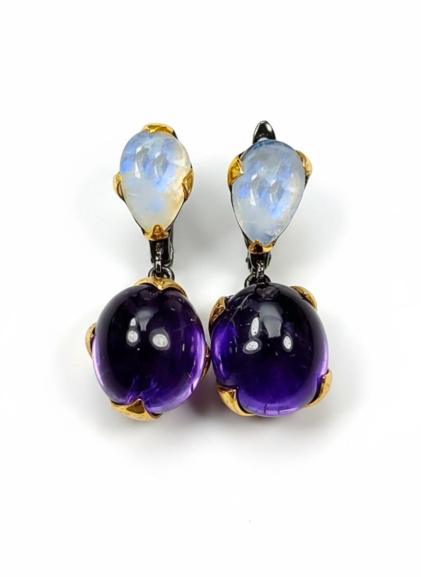 925 Sterling Silver Amethyst Moonstone Earrings, worn look
