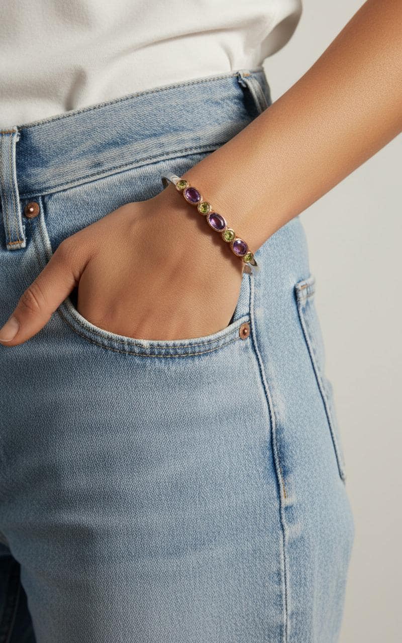 925 Sterling Silver Amethyst Peridot Bracelet, close-up detail