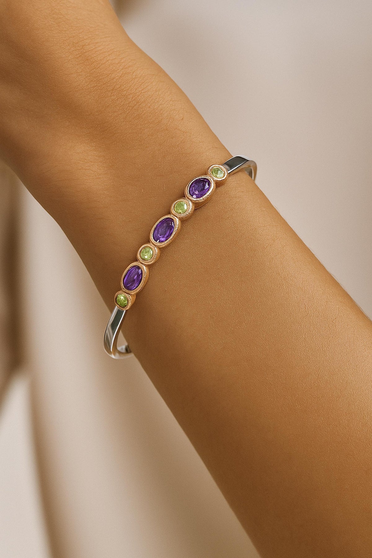 925 Sterling Silver Amethyst Peridot Bracelet, worn on wrist
