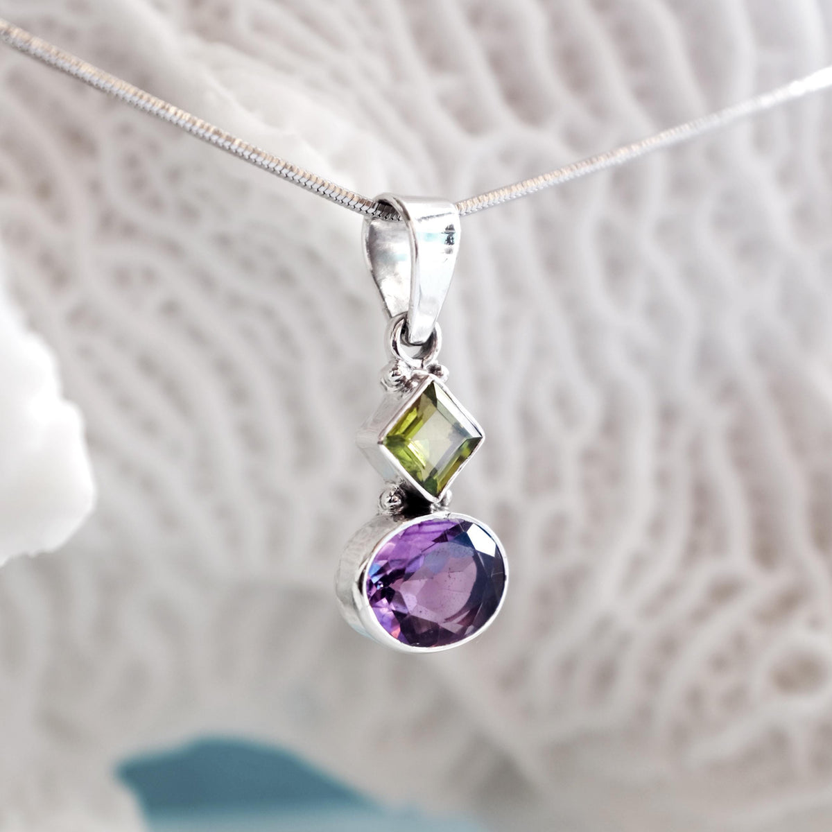 925 Sterling Silver Amethyst Peridot Necklace, worn view