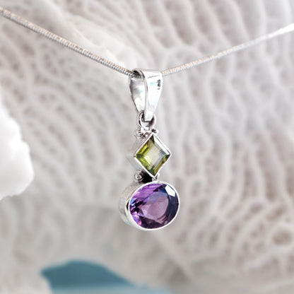 925 Sterling Silver Amethyst Peridot Necklace, worn view