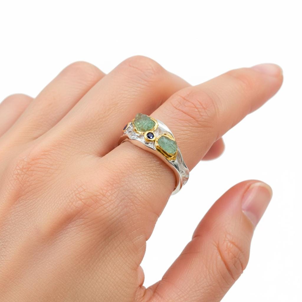925 Sterling Silver Apatite Ring, worn on hand