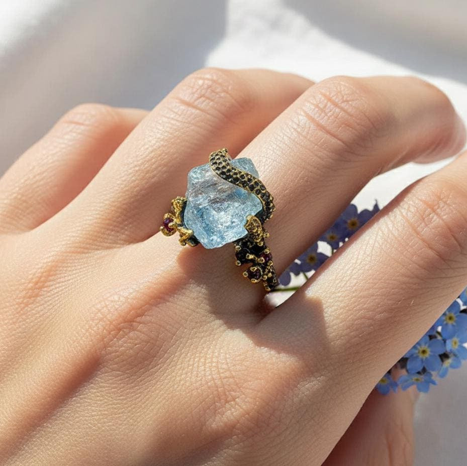925 Sterling Silver Aquamarine Ring, side view