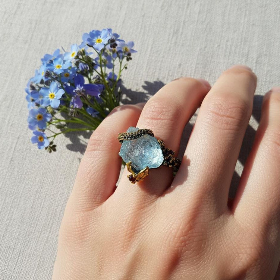 925 Sterling Silver Aquamarine Ring, worn on hand