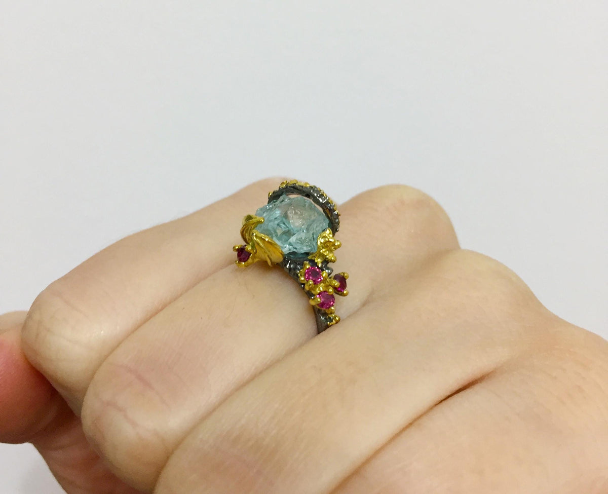 925 Sterling Silver Aquamarine Ring, worn look