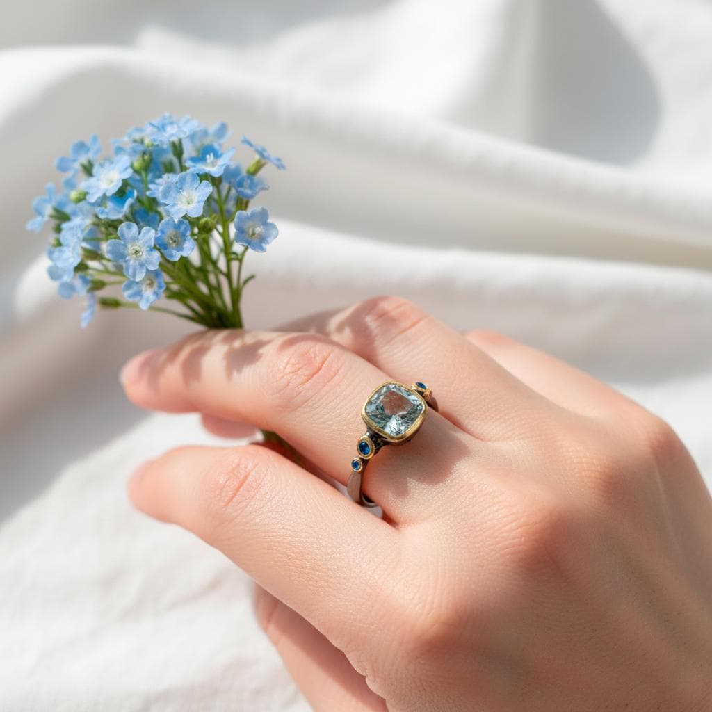 925 Sterling Silver Aquamarine Ring, side view