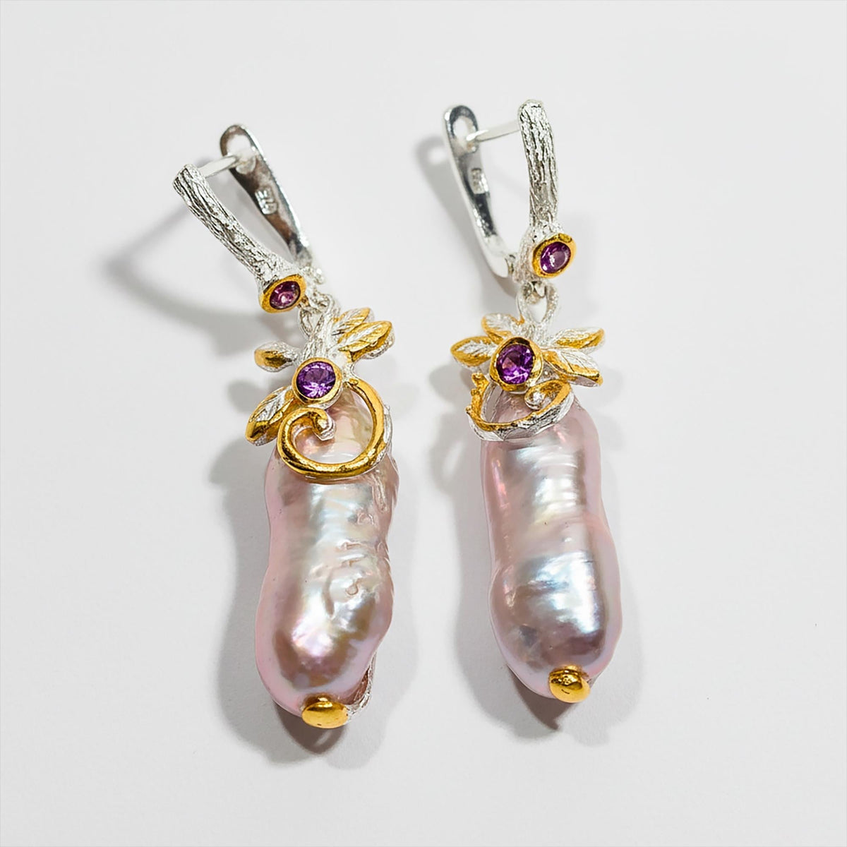 925 Sterling Silver Baroque Pearl Earrings, close-up detail